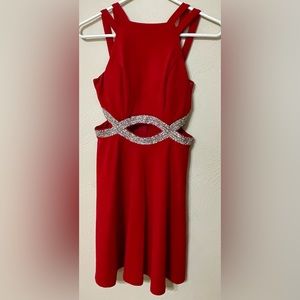 ✳️ Speechless Red Sleeveless Dress with Sparkly Silver Beaded Waist Cutouts